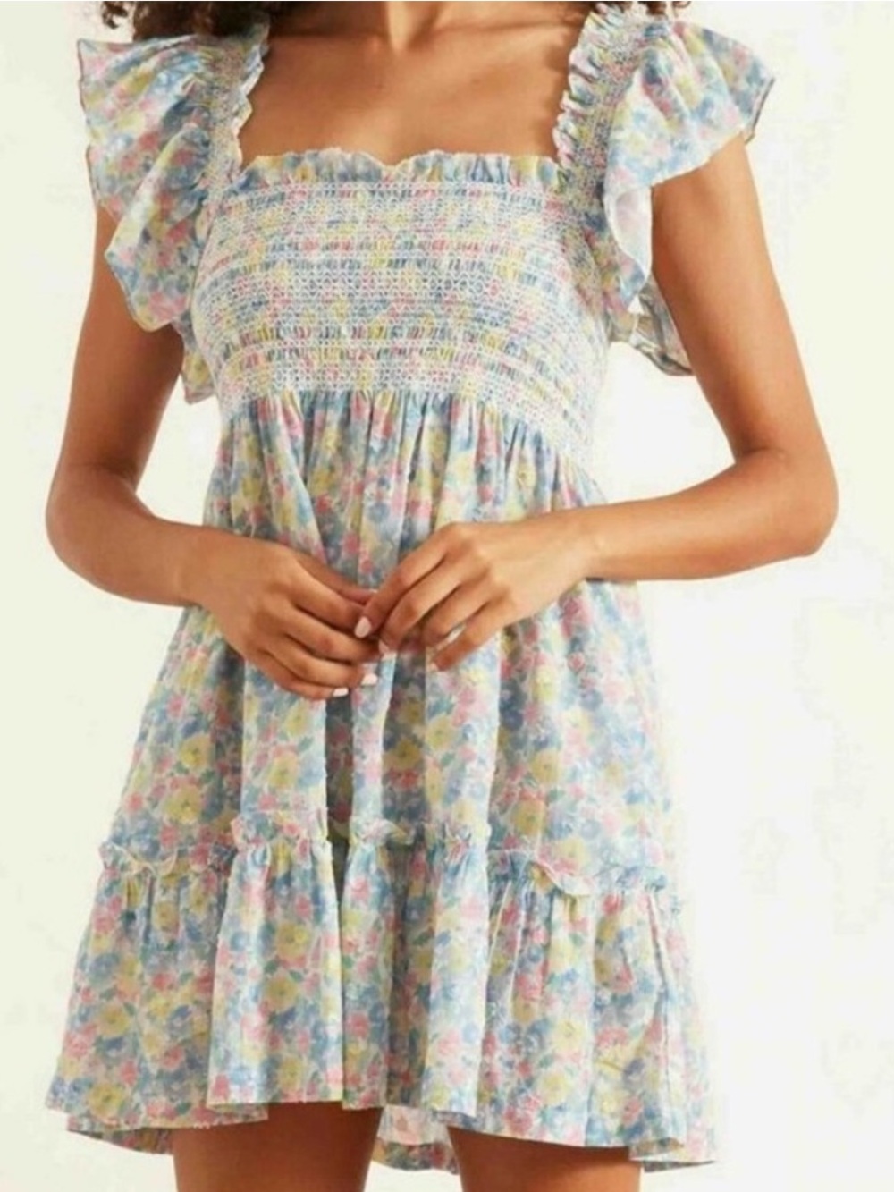 Jenny Packham Pastel Floral Smocked Mini Dress